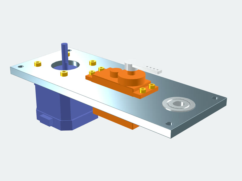 Motor mount with a stepper, servo, bearing and screws on a plate.