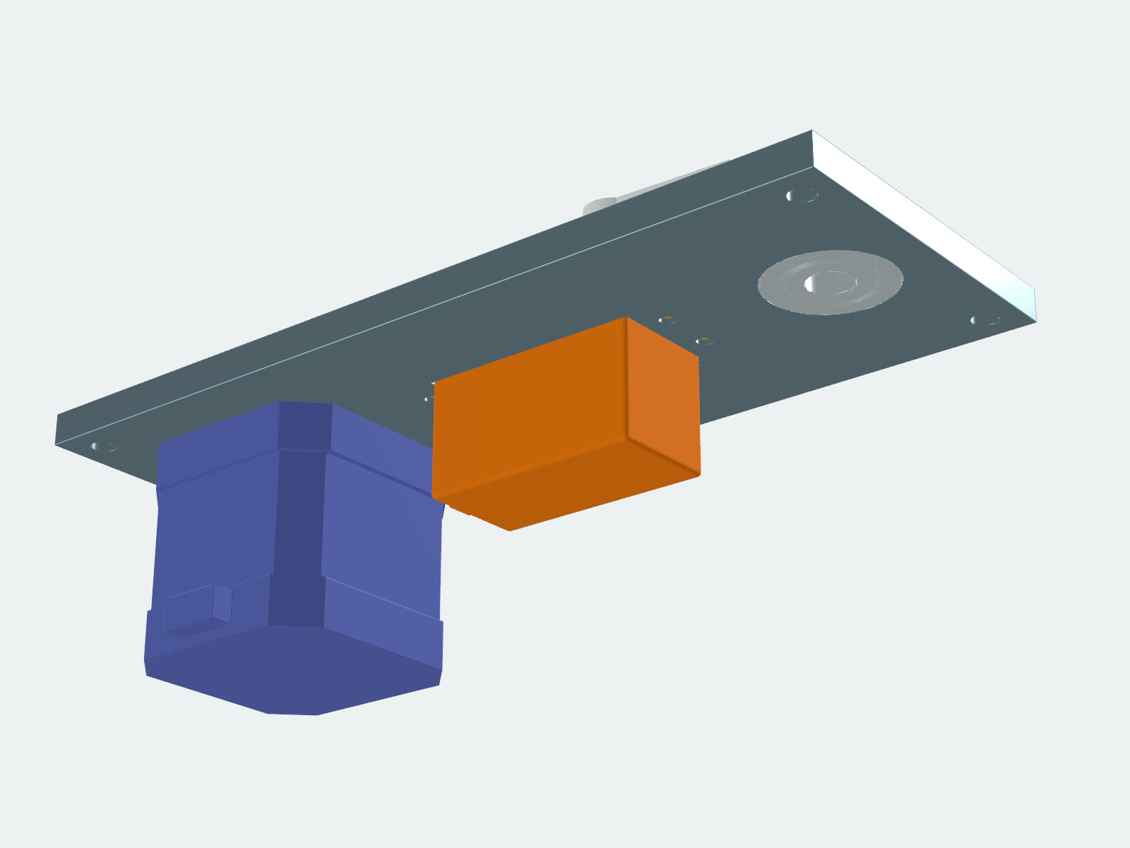 The motor mount from below: the stepper body and the servo case hang under the plate.